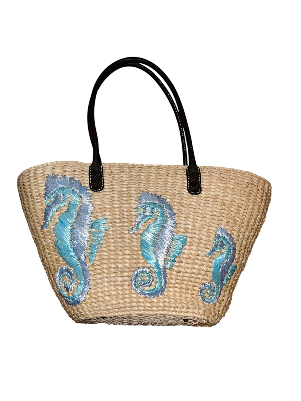 RARE J Crew Large woven straw tote bag seahorse beach summer leather straps